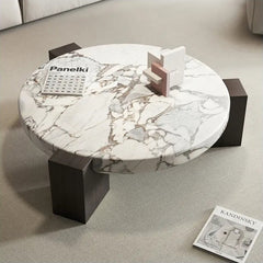 Luxury Villa Home High End Tea Table Ocean Storm Marble Round Coffee Table With Three Wooden Base