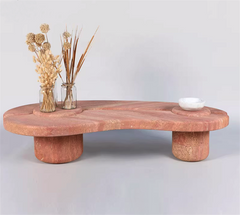 Modernist Interior Marble Center Coffee Table Freeform Red Travertine Curved Coffee Table With 2 Bases