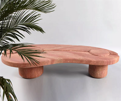 Modernist Interior Marble Center Coffee Table Freeform Red Travertine Curved Coffee Table With 2 Bases