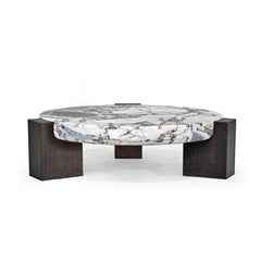 Luxury Villa Home High End Tea Table Ocean Storm Marble Round Coffee Table With Three Wooden Base