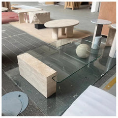 Postmodern Creative Living Room Stone Furniture Marble Center Table Beige Travertine And Glass Coffee Table