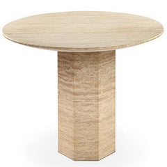 Dining Room Stone Furniture Round Beige Travertine Dining Table with Hexagon Base