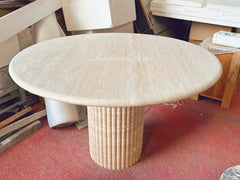 Cava Fluted Round Beige Travertine Dining Table