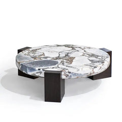 Luxury Villa Home High End Tea Table Ocean Storm Marble Round Coffee Table With Three Wooden Base