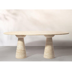 Luxury Dario Oval Stone Table with Bi Conical Pedestal Base Beige Travertine Oval Dining Tables