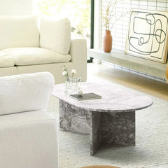 Laurent Oval White Grey Marble Table with Angled Base for Living Room furniture Coffee tables