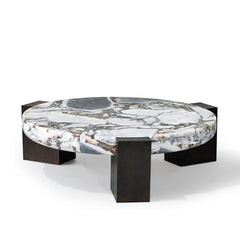 Luxury Villa Home High End Tea Table Ocean Storm Marble Round Coffee Table With Three Wooden Base