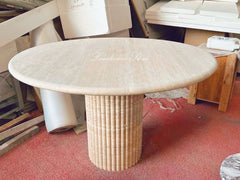 Cava Fluted Round Beige Travertine Dining Table