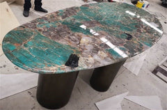 Luxury Modern Amazon Green Quartzite Round Stone Dining Table With Metal Base For Dinning Room