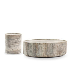 Alo Cylinder Travertine Drum Side Table Silver Travertine Round Coffee Table