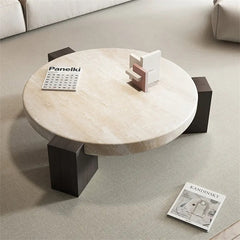 Luxury Villa Home High End Tea Table Ocean Storm Marble Round Coffee Table With Three Wooden Base