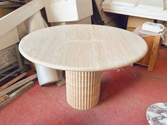 Cava Fluted Round Beige Travertine Dining Table